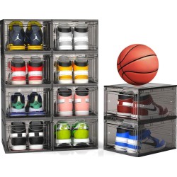 Mitees 10 Pack XX Large Thicken Sturdy Hard Plastic Clear Stackable Shoe Storage Boxes for Size 12, Sneaker Shoe Rack Containers Holders Bins Display Case Organizer for Closet, Grey