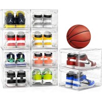 Mitees 10 Pack XX Large Thicken Sturdy Hard Plastic Clear Stackable Shoe Storage Boxes for Size 12, Sneaker Shoe Rack Containers Holders Bins Display Case Organizer for Closet, White