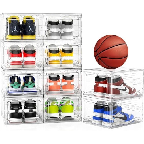 Mitees 10 Pack XX Large Thicken Sturdy Hard Plastic Clear Stackable Shoe Storage Boxes for Size 12, Sneaker Shoe Rack Containers Holders Bins Display Case Organizer for Closet, White